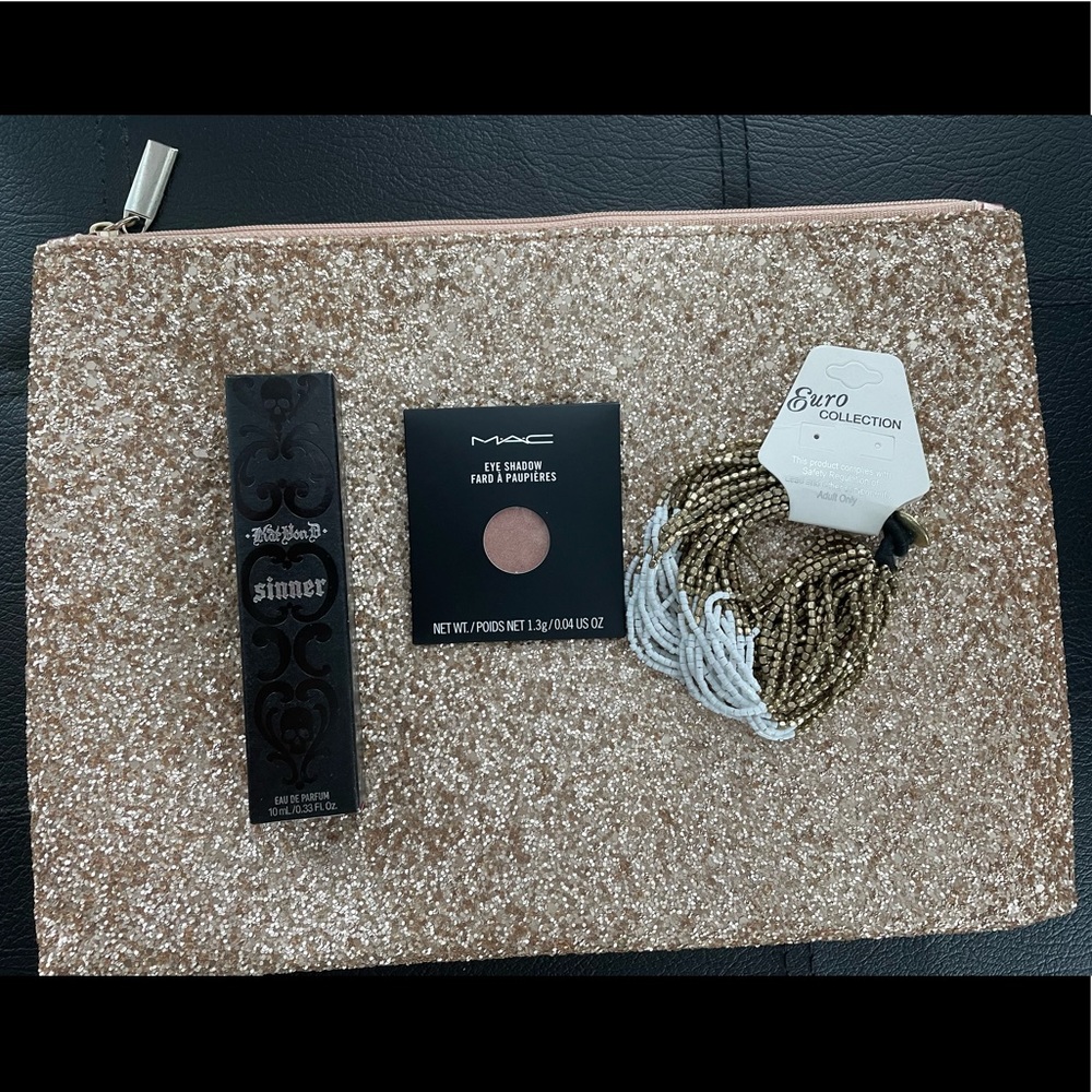 Kat Von D Sinner Perfume, Mac Eyeshadow, fashion gold &white bracelet & glitter